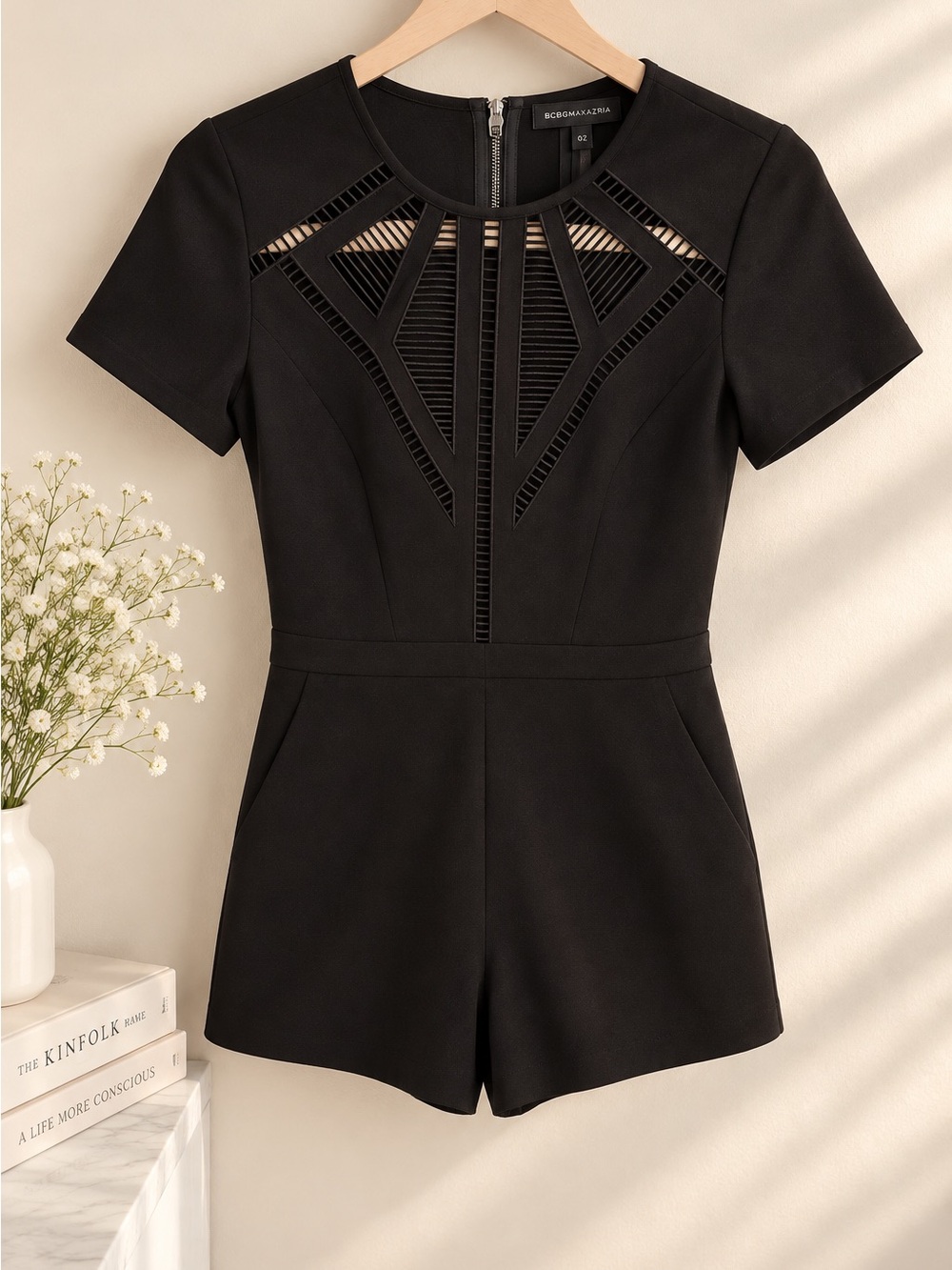 BCBGMaxAzria Black Short Sleeve Cutout Romper Size 2